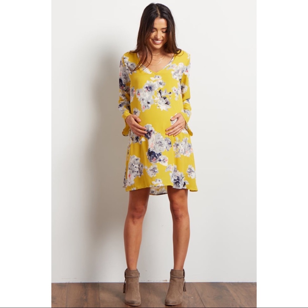 NEW Pink Blush Yellow Floral Chiffon Maternity Dress